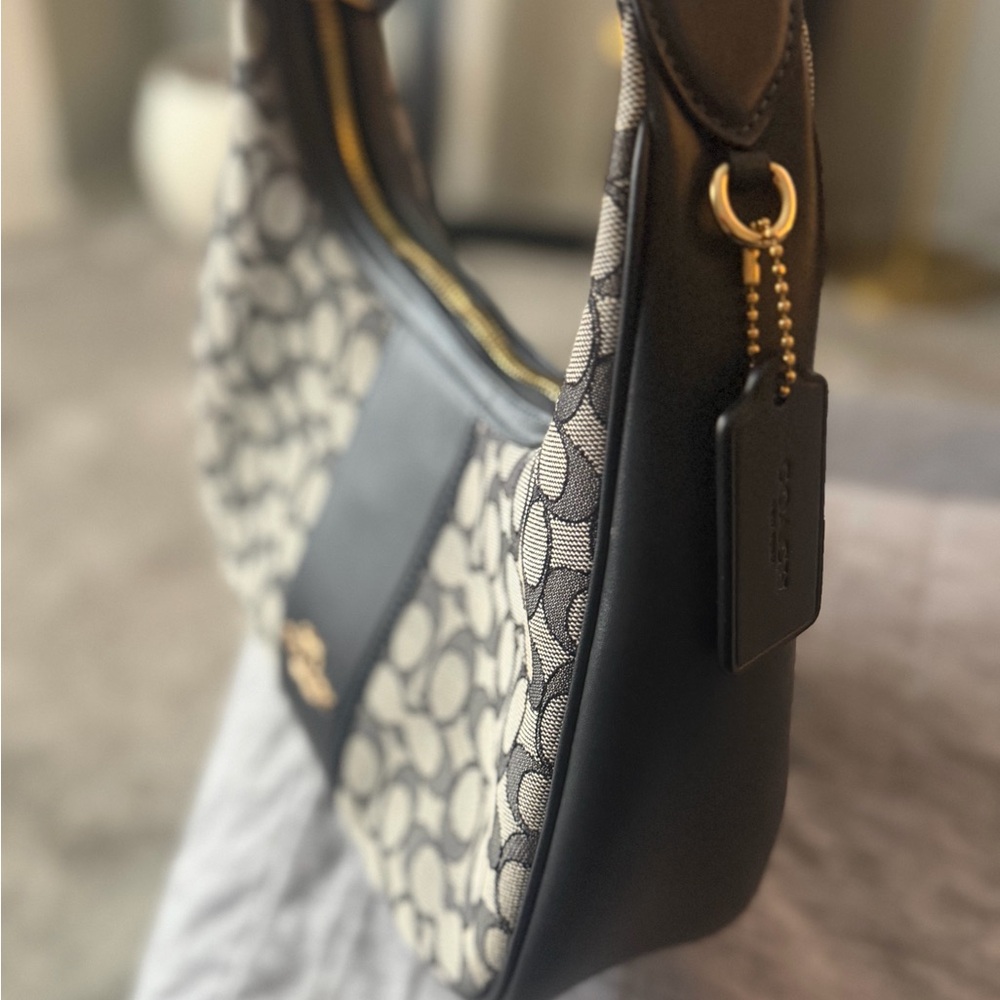 Coach navy Signature Jacquard Shoulder Hobo with Dark Leather Trim - Picture 7 of 11